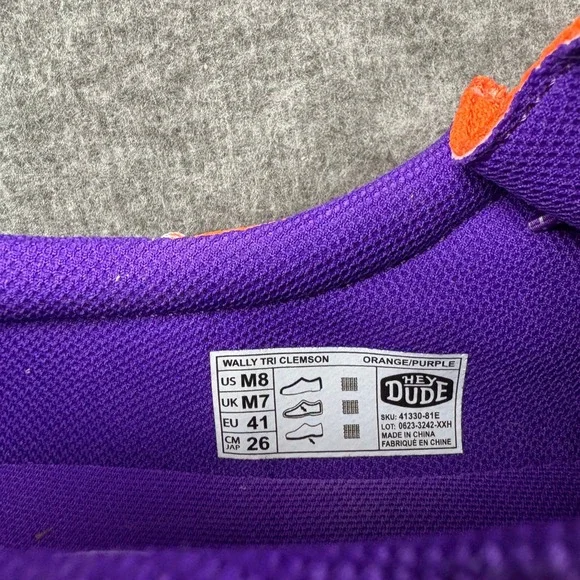 Hey Dude Wally Tri Clemson Orange Purple Men's Size 8 Casual Slip On Loafers NEW - Picture 7 of 16